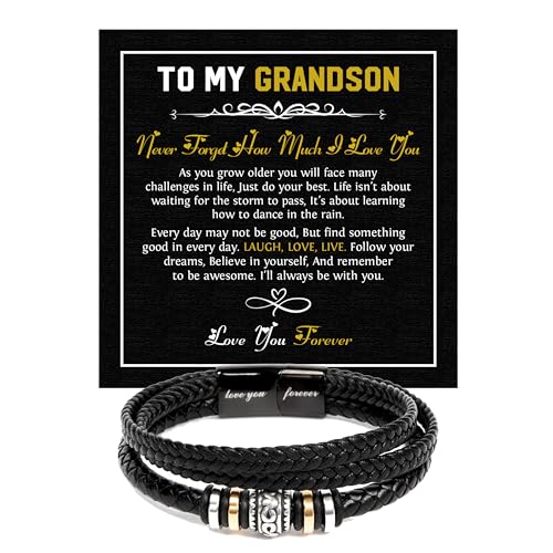 To My Grandson Bracelet from Grandma & Grandpa Grandson Leather Bracelet with Message Card & Gift Box Meaningful Bracelet for Grandson for Birthday Graduation Mens Forever Love Bracelet Grandson #1
