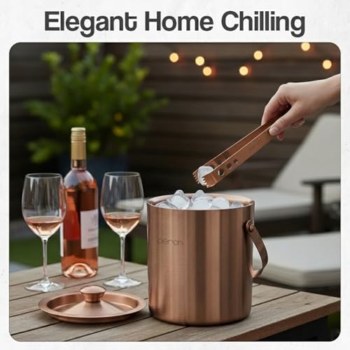 Image of O' Holic by Perch Stainless Steel Double Wall Ice Bucket & Tong - 1500ml | Insulated with Lid & Handle| Bartender Kit |Premium Barware Accessories for Home Bar, Parties, Cocktails & Gifting |Rose Gold