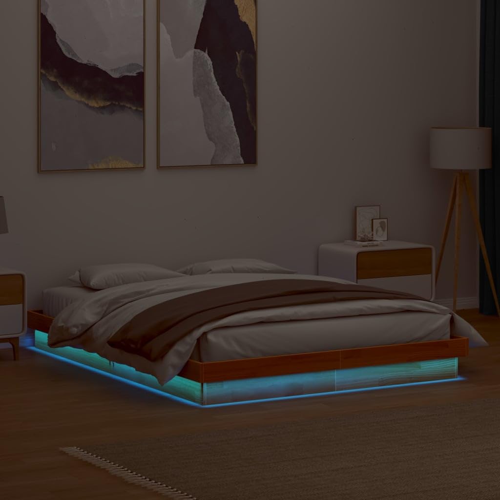 VidaXL Solid Wood Bed Frame - Wax Brown - 150x200cm King Size - RGB LED Lights
