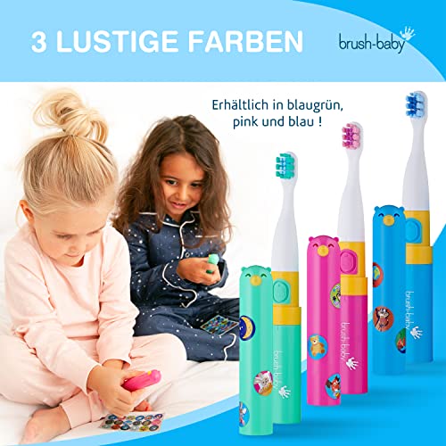 Brush Baby Go-Kidz Toddler and Kid Electric Travel Toothbrush for Ages 3+ Years - Stickers, 2-Speed Vibration, and Smart Timer Provide a Fun Brushing Experience - (1) 3+ yrs Brush Head Include - Pink