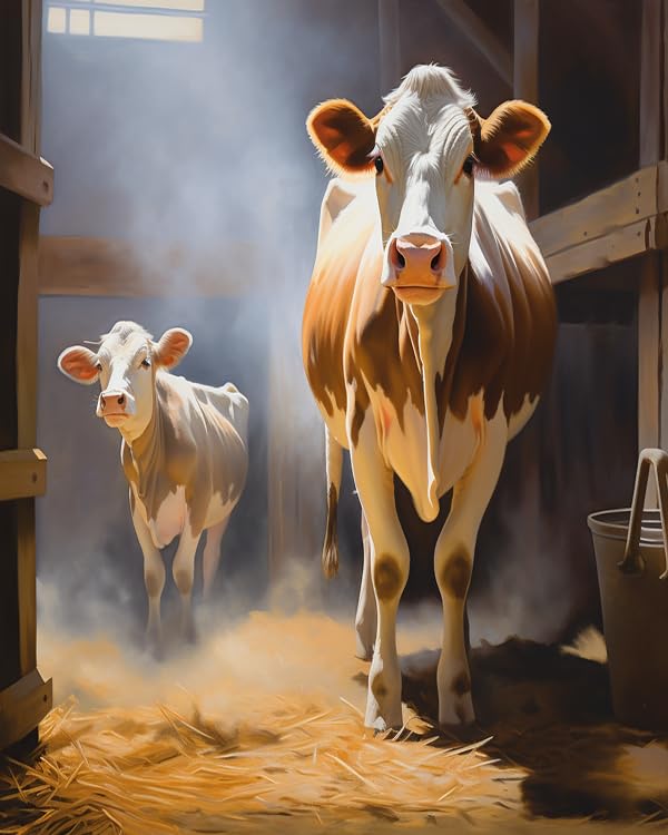 ZMHZMY Paint by Number Kits Cow and Calf in a Barn DIY Digital Canvas Oil Painting Art Decor for Adults Beginner,40x50cm Frameless