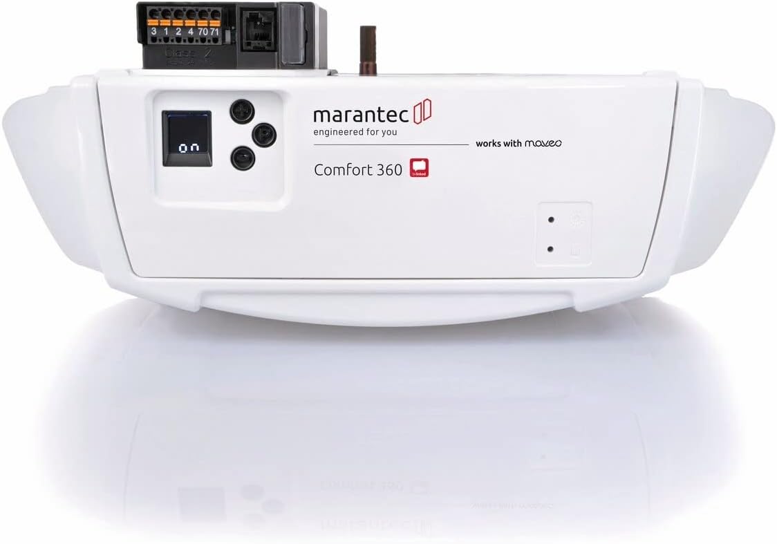 Marantec Comfort 360 garage door opener main unit, front view.
