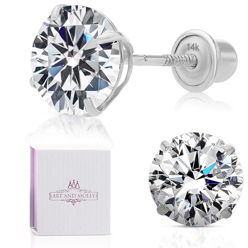 14k White Gold Solitaire Round Cubic Zirconia Studs