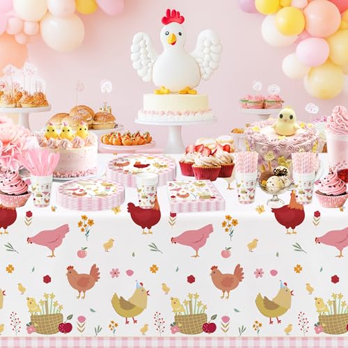 Image of Chicken Party Decorations Tablecloth for Birthday Baby Shower, 3 Pack Farm Animal Barnyard Little Chick Birthday Party Supplies Table Cover, 55in x 86in
