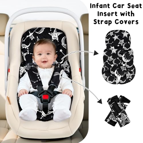 Image of GFU Infant Car Seat Insert Head and Body Support, Reversible Newborn Insert for Carseat with Strap Pads, Soft Stroller Cushion Pillow Insert for Boys and Girls, Fits for Stroller, Swing, Black Star