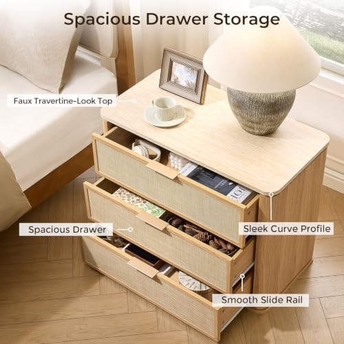 Image of Night Stand Set of 2, 30.71 inch W Rattan Nightstand with 3 Drawers, Faux Marble Top Bedside Table, Boho Mid Century End Table for Bedroom Living Room Sofa Office, Natural Oak [FSC Certified]