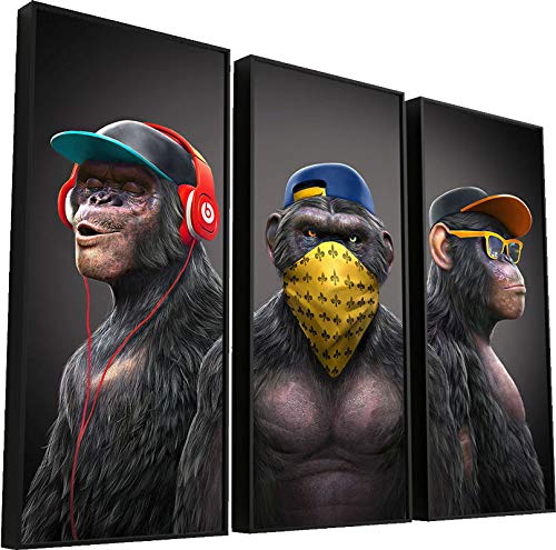 Quadro decorativo Gangue dos Macacos Mosaico | 93x61 cm | 3 Peças | Quadro para sala, quarto e escritório (COM MOLDURA)