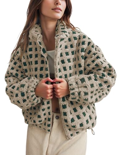 Lianlive Women Winter Sherpa Fleece Jacket Long Sleeve Zip Up Checkered Fuzzy Cropped Coats Warm Outwear with Pockets