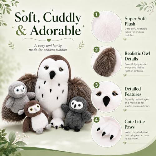 Image of Owl Stuffed Animal with 3 Babies,18 inch Barn Owl Plush, Brown
