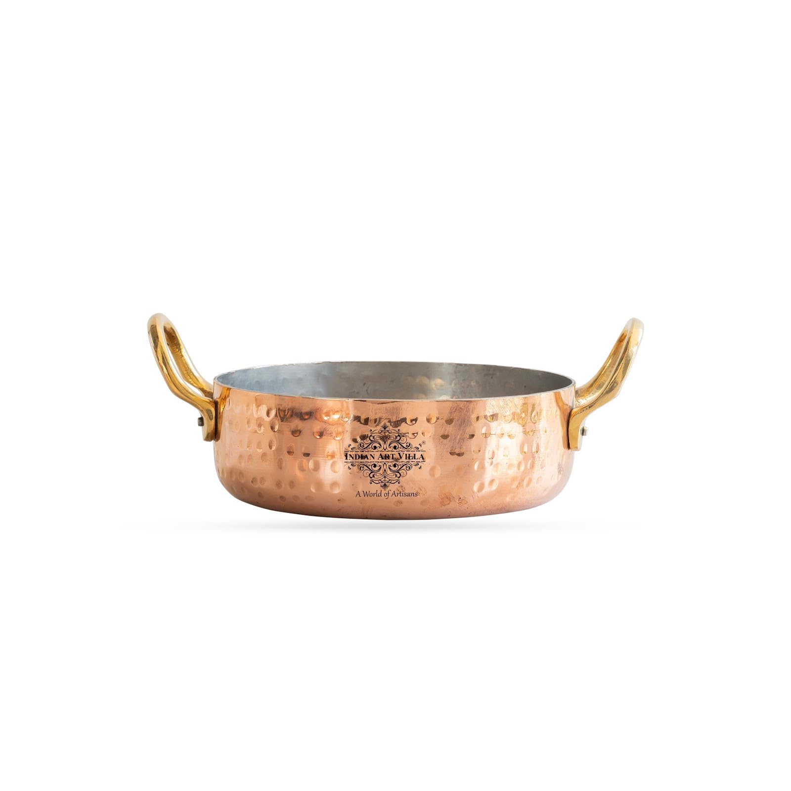 Indian Art Villa Pure Copper Round Dish, Brass Handle with Tin Lining, For Home restaurant and hotel, Cookware and Serveware, Diameter- 6.9 Inch