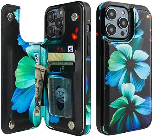 HAOPINSH for iPhone 14 Pro Max Wallet Case with Card Holder, Blue Florals Pattern Back Flip Folio PU Leather Kickstand Card Slots Case for Women Girls, Double Magnetic Clasp Shockproof Cover 6.7"