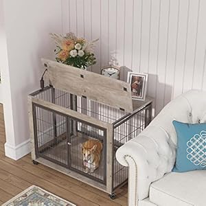 IchbinGo Wooden Dog Crate Furniture, 38.5" Dog Kennel with 3 Doors, Flip-up Top Opening and Wheels, Decorative Pet Crate Dog House for Large/Medium/Small Dog Indoor Use (Rustic Grey) IchbinGo Wooden Dog Crate Furniture 385 Dog Kennel with 3 Doors Flip up Top Opening and Wheels Decorative Pet Crate Dog House for LargeMediumSmall Dog Indoor Use Rustic Grey