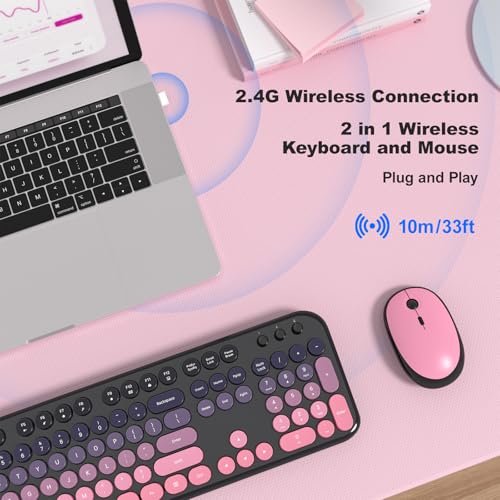 Image of Wireless Keyboard Mouse Combo - Lovely CherryPink-Gradient Rainbow Full-Sized Typewriter Colorful Keyboards, Round Keycap Plug Play Retro Cute Keyboards for Windows, Laptop, PC, Desktop, Computer