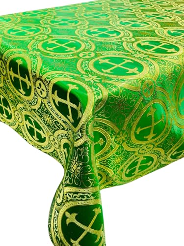 New Creations Fabric & Foam Inc, Square Metallic Cross Brocade Jacquard Satin Table Overlay/Religious Brocade/Liturgical Fabric/Church. (Green-Gold, 36" x 36" Inches)