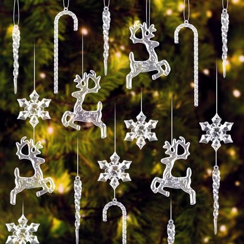 MELLIEX 30 Pezzi Decorazioni Natalizie Acrilico, Trasparenti Fiocco di Neve Ghiaccioli Ornamenti Natale con Linea per Decorazioni per Feste dell'Albero di Natale