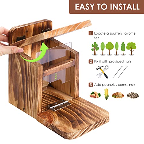 MIXXIDEA Wooden Squirrel Feeder Box, Sturdy Squirrel Feeding House with Thickness 1.5CM Wood, No Assembly Required, for Backyard Outside Garden (1 PCS)