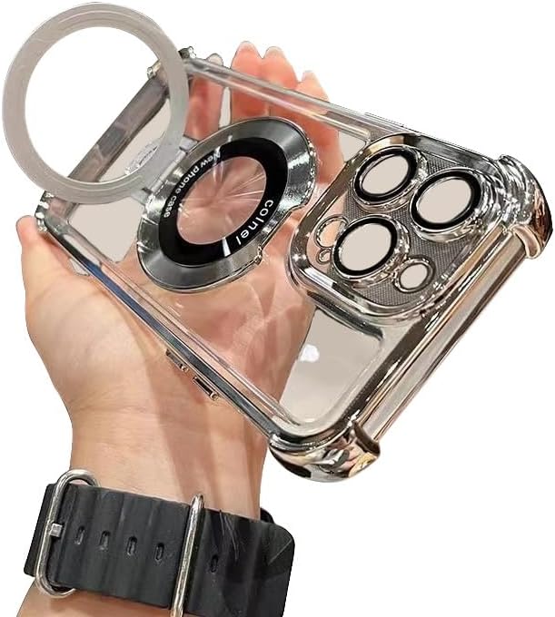 Piegricdiat Magnetic case for iPhone 15 Pro with Full Camera Lens Protection(Compatible with MagSafe),Military Shockproof Slim Electroplate Bumper Clear Cover Built-in Invisible Ring Stand, Silver
