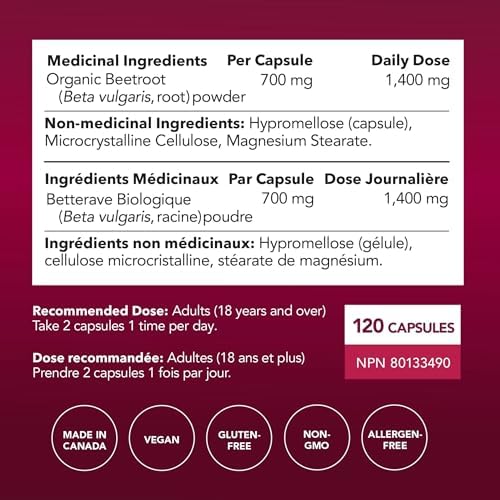 Organic Beetroot Capsules 1400MG | Potent Nitric Oxide for Healthy Blood Flow Support & Energy | 700MG Beetroot Powder Per Capsule | Nitric Oxide Supplements for Men & Women | Made in Canada | 120 Ct - 5