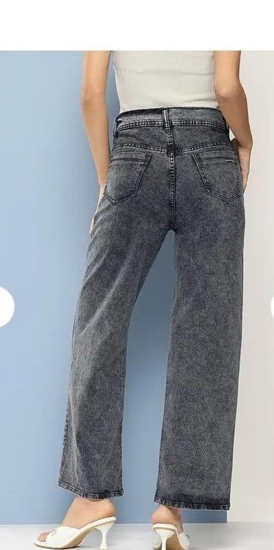 Image of Women Girls High Waist Straight Fit Cotton Jeans Single Button Comfortable Daily Outfit