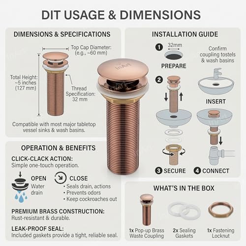 Image of InArt Pop-up Brass Basin Drainer /Waste Coupling /Waste Kit for Bathroom Wash Basin /Vessel Sink 5 Inch Brass Full Threaded Pop Up Waste Coupling 32 MM (Rose Gold Color)