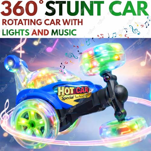 Image of toyco Rechargeable 360 RC Stunt Car for Kids | 5 Modes with Smoke & LED Lights | Dual-Side Rotating Remote Control Car | 2.4GHz Long Range (75+ Ft) | Off-Road Stunt Toy for Boys Girls 3-10 (Blue)