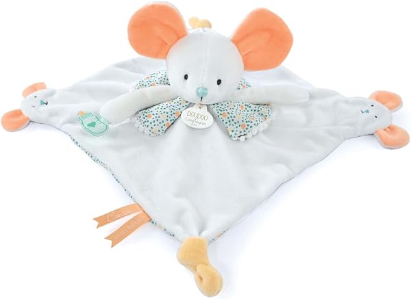 DOUDOU ET COMPAGNIE - Doudou Plat - 30 cm - Collection Souris Les Petits Futés - Blanc - Marionnette Doigt Interactive Tissus Velours - Idée Cadeau Naissance Filles Garçons - Peluche Éveil - DC4055 - 1