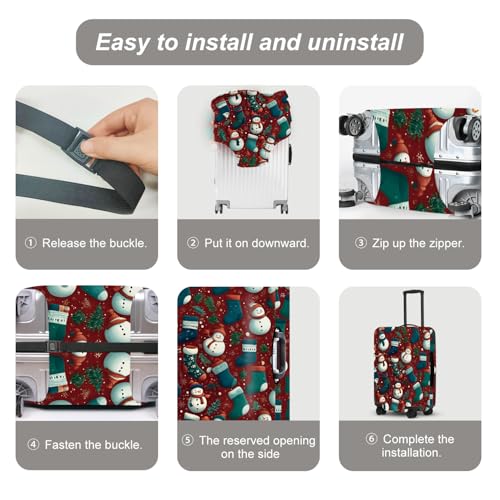Image of Christmas Luggage Cover - Allover Green Socks and White Snowmen Pattern on Dark Background, Stretchable Suitcase Protector for 18 20 22 Inch Travel Bags