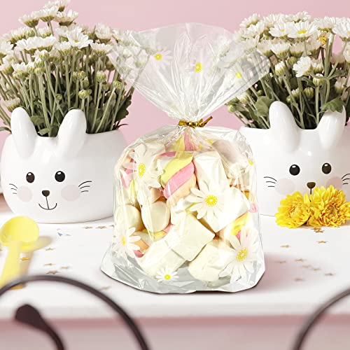 100Pcs Daisy Candy Bags Gusseted Cellophane Bags (Size 5.9"X9"X2"）With Gold Twist Ties, Best Gusset Bag For Presenting Packaged Treats, Candys, Cookies Gift Bags #TOP4