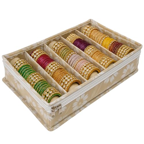 Image of PVC 5-Rod Floral Bangle Organizer Box for Women, Beige | Jewellery Bangle Storage Case for Chudi, Kada & Accessories, Bangle Holder Pouch, Pack of 1