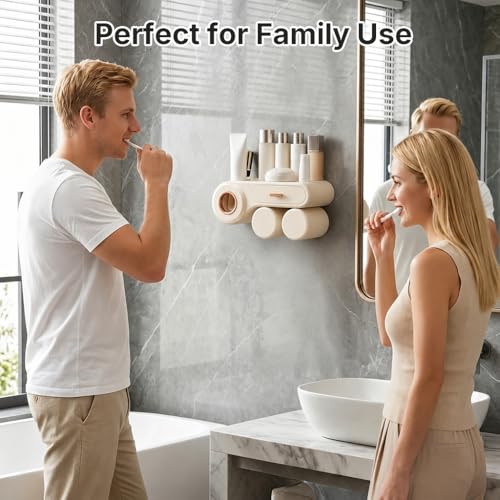 Image of HASTHIP Tooth Brush Holder Bathroom with Toothpaste Dispenser, Wall Mounted Storage Shelf with Drawer & 2 Cups, Adhesive Installation, PP Cosmetic Holder, Toothbrush Holder
