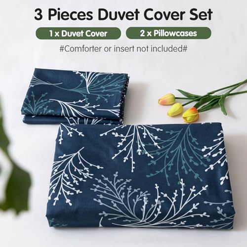 Image of Lekesky Reversible Duvet Cover Queen Size, Navy Blue Branch Comforter Cover Queen 3pcs Microfiber Botanical Bedding Set with Zipper Closure Corner Ties