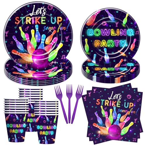 YJRJSC Bowling Birthday Party Supplies, Strike Up Some Fun Bowling Ball Party Decorations Tableware for Birthday Baby Shower, Paper Plate, Cup, Napkin, Disposable Fork, Serves 24