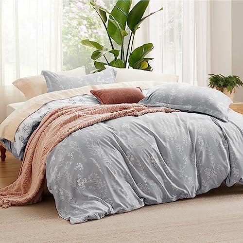 Image of Bedsure Duvet Cover Full Size - Reversible Grey Full Duvet Cover Set with Zipper Closure, 3 Pieces Cute Floral Botanical Pattern Bedding Set with 8 Corner Ties and 2 Pillow Shams