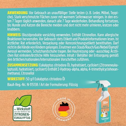 Green Hero Hunde & Katzen Stopp 500ml gegen Urinieren | Hundeschreck, Katzen Schreck Spray auch als Kratz- & Knabberschutz | Hundeabwehrspray Innen- & Außenanwendung | Mit Eukalyptus Citriodora Öl