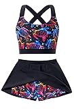 AIDEAONE Girls 2 Piece Swimsuit Size 10-11T Neon Turtle Print Bathing Suit Black Tankini Skirts Set with Boyshorts for Pool Party