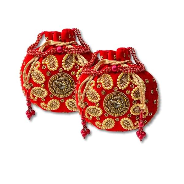 Trendy Crafts- Velvet Handmade Embroidery Beads Work Potli | Embroidered Women Wristlet Bag | Thread Work Wallet | Bridal Batwa Bags | Clutch Bags for Return Gifts