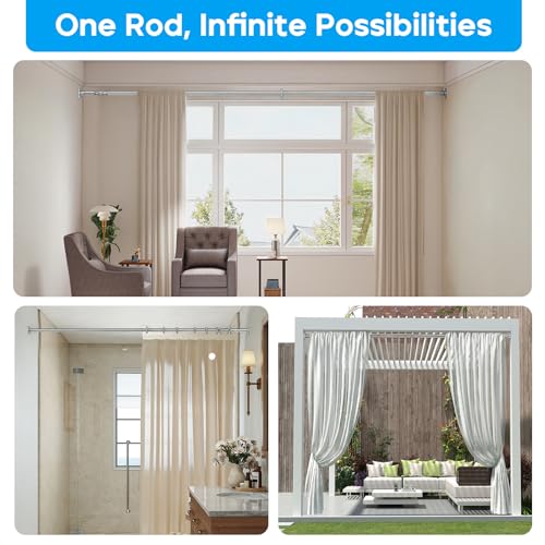 Image of Tension Curtain Rod Silver Shower Rod 40-185IN Long Curtain Rods No Drilling Adjustable Tension Rods of Shower or Bathroom Outdoor Window Patio Diameter 1.26In