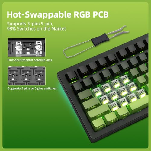 Image of ZORNHER ZH870 Wireless Mechanical Gaming Keyboard,80% Green Custom Creamy Sound Keyboard with Shine Through PBT Keycaps,Pre-lubed Linear Switches,Hot-Swappable,RGB Backlit,2.4GHz /USB-C /BT5.0