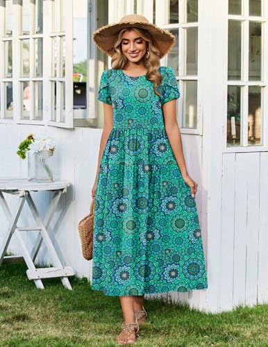 Image of Zeagoo Summer Dresses for Women 2026 Maxi Bohemian Floral Short Sleeve Long Dress Casual Flowy Tired Beach Sundress