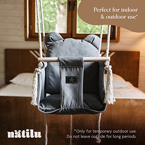 NATILU® Babyschaukel Set mit Sicherheitsgurt Haken Ringe Bär Grey Velvet | Schaukel Baby Indoor Outdoor | Kinderschaukel… – Bild 5