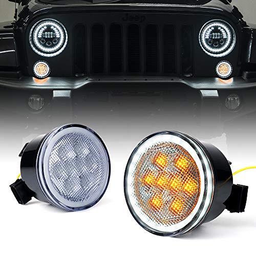 Image of Clear Lens Turn Signals Lights w /DRL Halo Compatible with 2007-2018 Jeep JK | Ultra-Bright LED, Parking Lights, ABS Plastic Shell, Waterproof, Plug N Play, Amber
