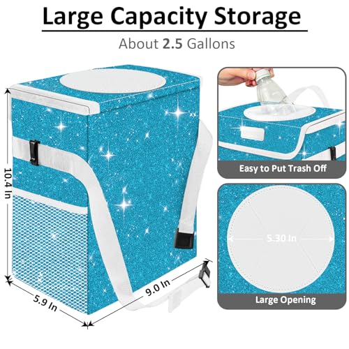 Image of Car Trash Can for Car, Cute Mini Car Trash Bag with Lid, Glitter Car Garbage Can Bin Hanging for Back /Front Seat /Console, Waterproof, Leakproof, 2.5 Gallon, Blue Bling Sparkly