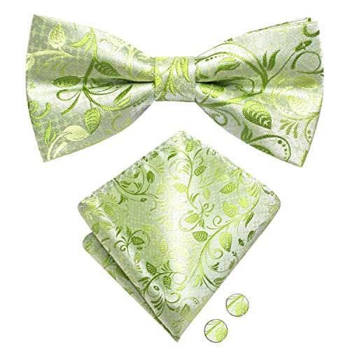 Image of Hi-Tie Pretied Bow Ties for Men Wedding Formal Bow Tie Handkerchief Cufflinks Lapel Pin Set Party Formal Mens Bowtie Set, Light Green Floral, Medium