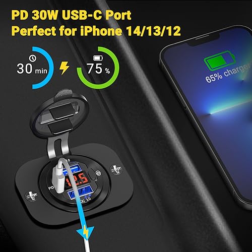 66W-12-Volt-USB-Outlet-Qidoe-Dual-Quick-Charge-30-and-PD-30W-USB-12V-Power-Outlet-with-Red-Voltmeter-and-Switch-Waterproof-Aluminum-Body-for-Car-Accessories-Boat-USB-Port-Marine-USB-Outlet