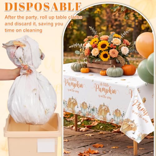Image of 3 Pack Little Pumpkin Tablecloths, Fall Baby Shower Party Decoration | Gender Reveal Party Supplies A Little Pumpkin is On The Way Table Cover for Boy Girl Fall Thanksgiving 54 X 108In