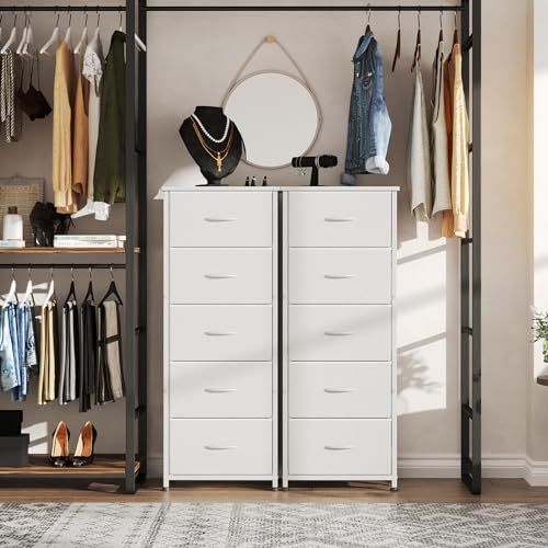 Miniatura 4 de Caiyun Cómoda Estrecha, Armario De Cajones, Armario De Almacenamiento Con 5 Cajones De Tela, Alto Y Estrecho, Mueble De Aparador De Madera Para Dormitorio Salón Pasillo Habitación Infantil, Blanco