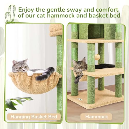 Image of Globlazer Cactus Corner Cat Tree Tower with Scratching Post for Indoor Cats, 51in Multi-Level Cat Condo Tower with Large Hammock, Fan-Shaped Padded Perch, Spacious Cat Cave, Hanging Basket, C51, Green