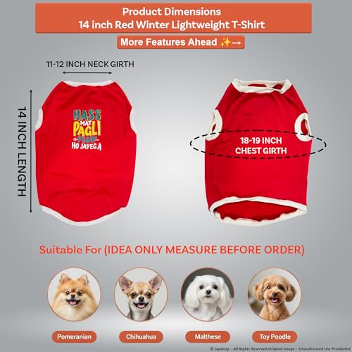 Image of JoyDaog Cozy Dog Winter Coat Red Color 14 Inch(S)- inchHASS Mat Pagli Pyaar Ho Jayega inchPrinted Soft Trendy Apparel for Small Breeds | Indoor & Outdoor