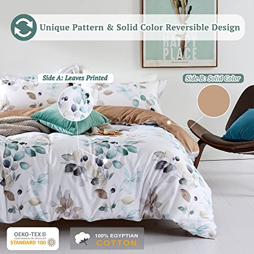 MILDLY 100% Long-Staple Cotton Duvet Cover Set Teal Blue Green Leaf Pattern Printed Comforter Cover 3pcs, Ultra Soft & Breathable Bedding Set