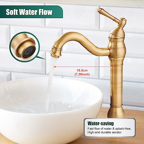 Heyalan Bathroom Vessel Sink Faucet Antique Brass Tall Body 360 Degree Spout One Handle Lever Single Hole Deck Mount Brass Pop Up Drain Assembly Without Overflow Vanity Mixer Tap #TOP3